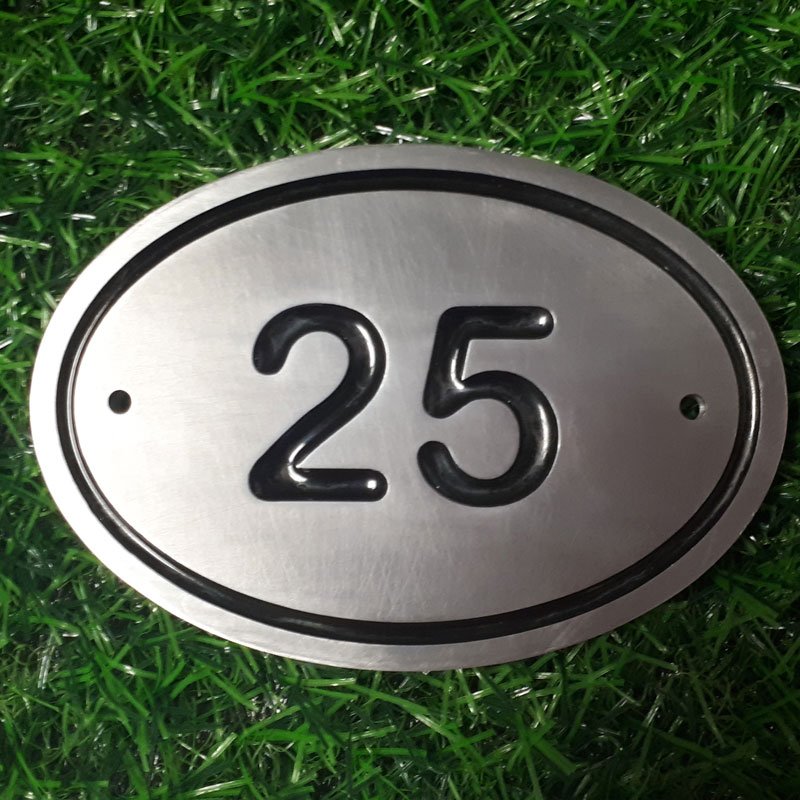 Metal Oval House Sign Number Modern Solid Marine Grade Aluminium Cast Forged Effect with Colour Fill