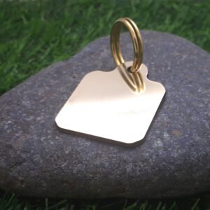 A solid brass pet ID tag available in 3 sizes, in a square pendant shape, created for linegivty. Deeply engraved with your choice of text.