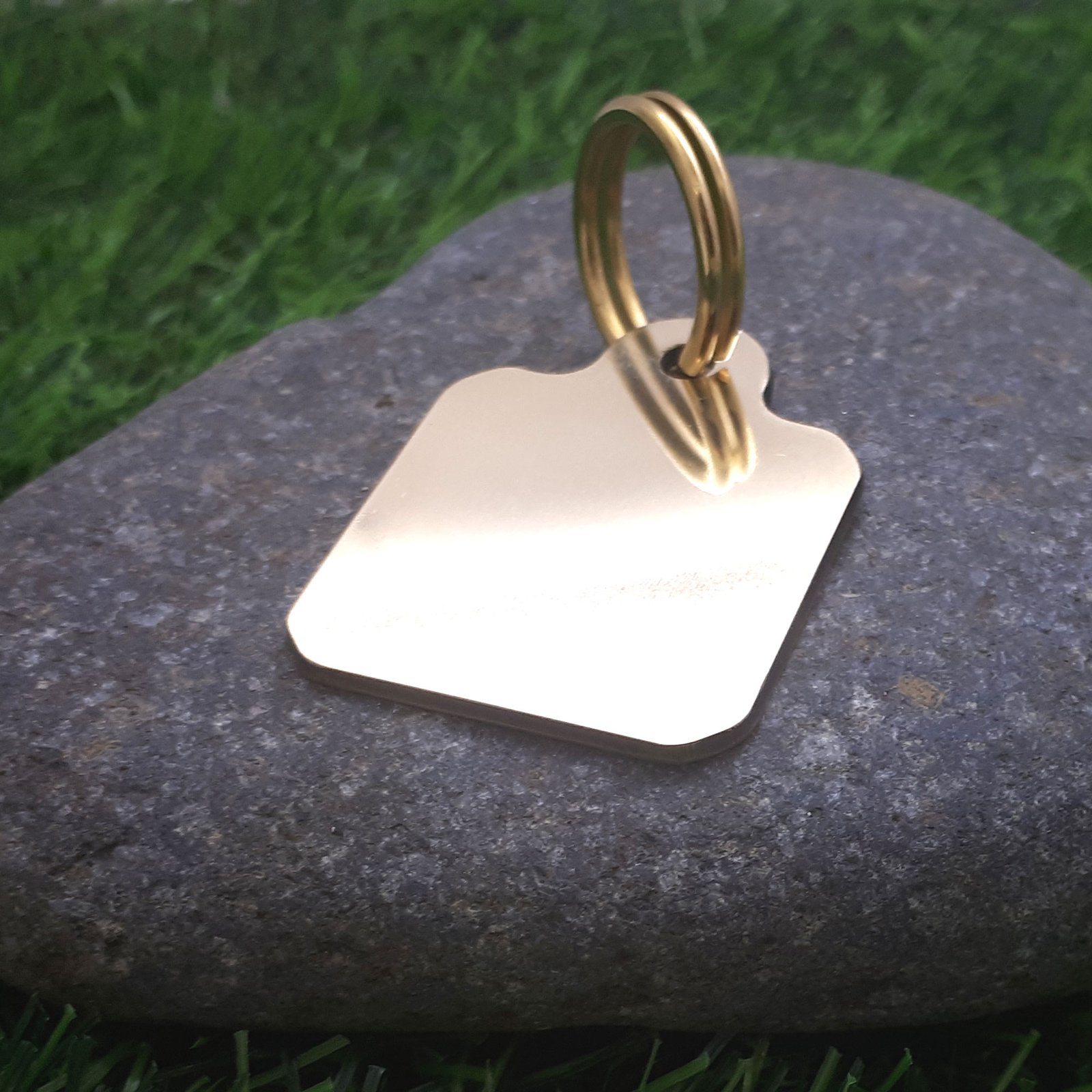 A solid brass pet ID tag available in 3 sizes, in a square pendant shape, created for linegivty. Deeply engraved with your choice of text.