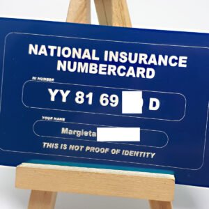 blue aluminium wallet size business card, laser engraved on one side with NI number and an option to engrave the NHS number on the reverse, or vice versa.