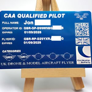 aluminium wallet, credit card sized ID card for a CAA Qualified drone pilot, featuring the name, operator ID, flyer ID and expirty dates. along with the categories they can fly. Hand for the drone enthusiast to carry should the need arise to show anyone.