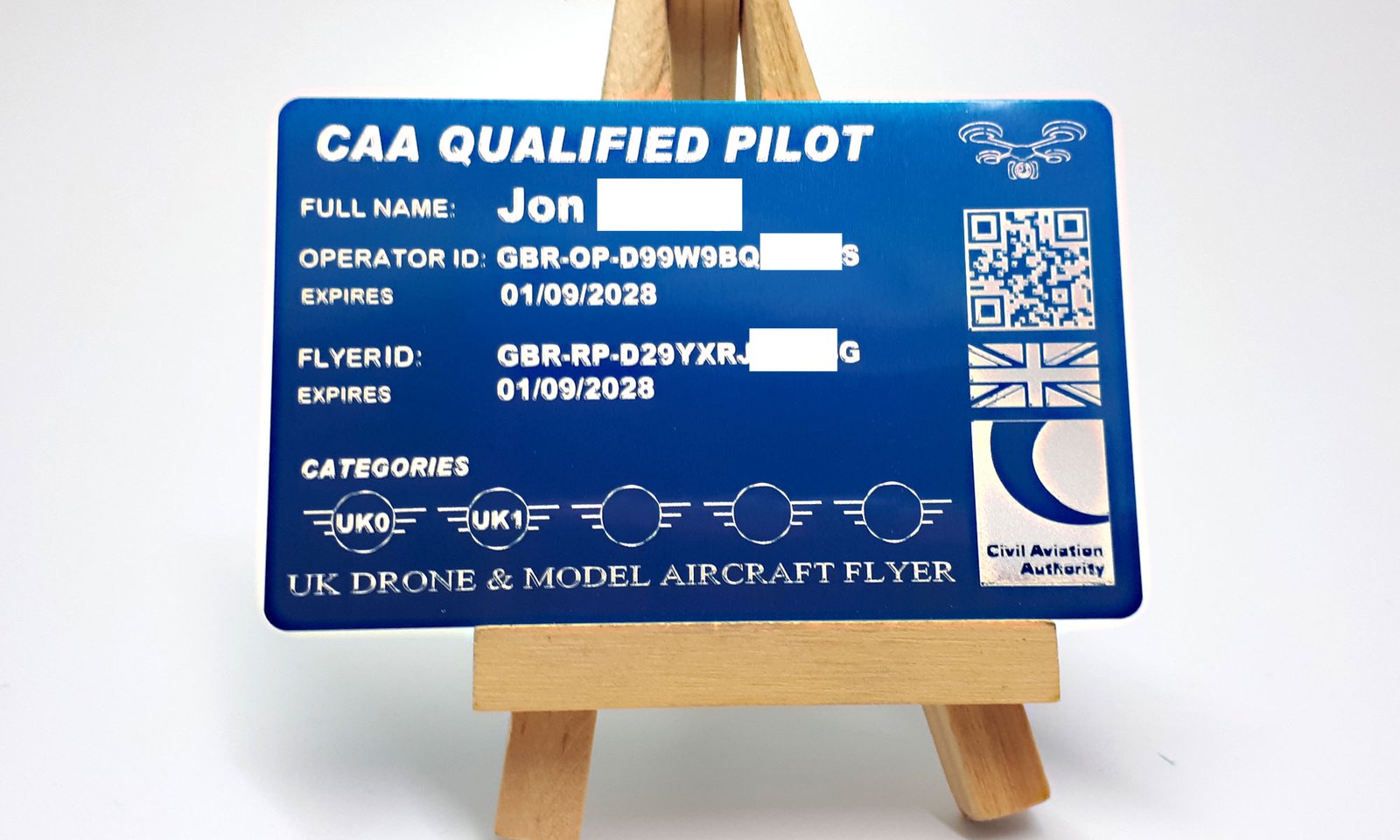 aluminium wallet, credit card sized ID card for a CAA Qualified drone pilot, featuring the name, operator ID, flyer ID and expirty dates. along with the categories they can fly. Hand for the drone enthusiast to carry should the need arise to show anyone.